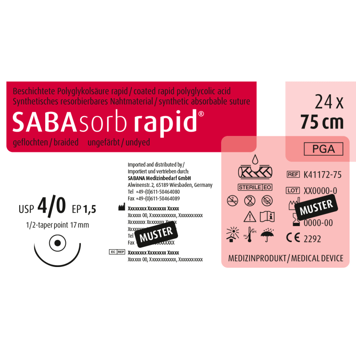 SABAsorb rapid Etikett mit Nahtmaterial-Spezifikationen und Sterilitätssymbolen.