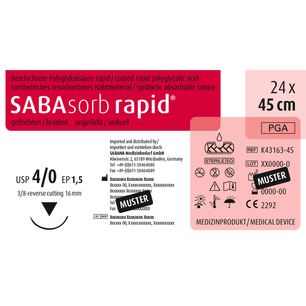 SABAsorb rapid Etikett mit Produktdetails und Nahtmaterialspezifikationen.