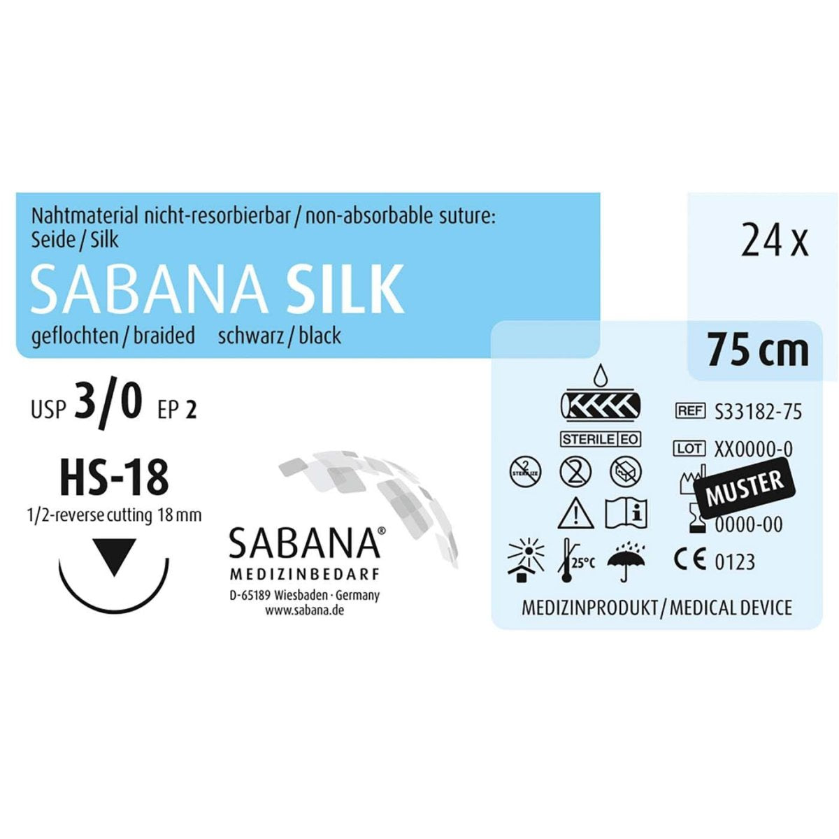 Nahtmaterial-Verpackung SABANA SILK, 3-0 HS-18, 75 cm, schwarz, 24 Stück.