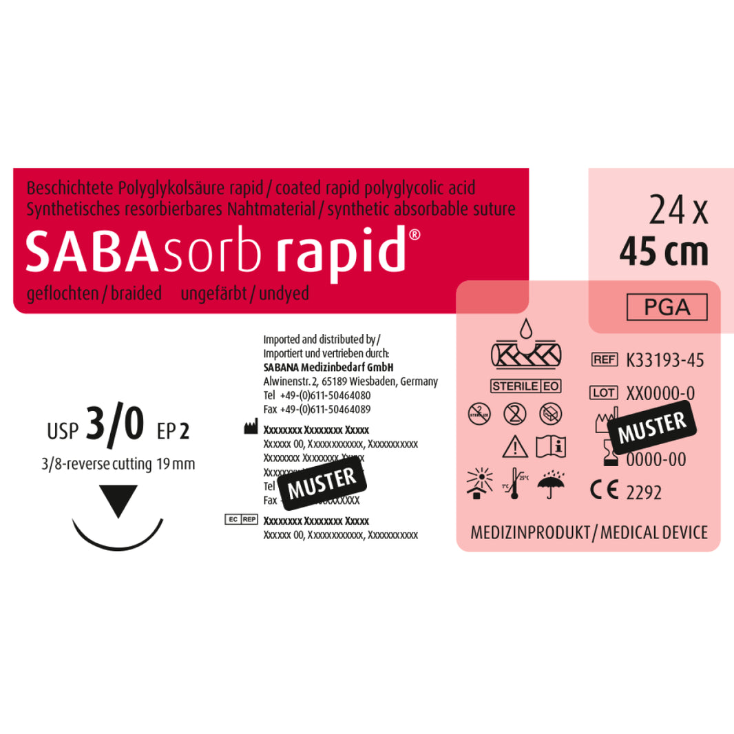 Beschriftetes Etikett von SABAsorb rapid Nahtmaterial, 3-0 DS-19, 45 cm.