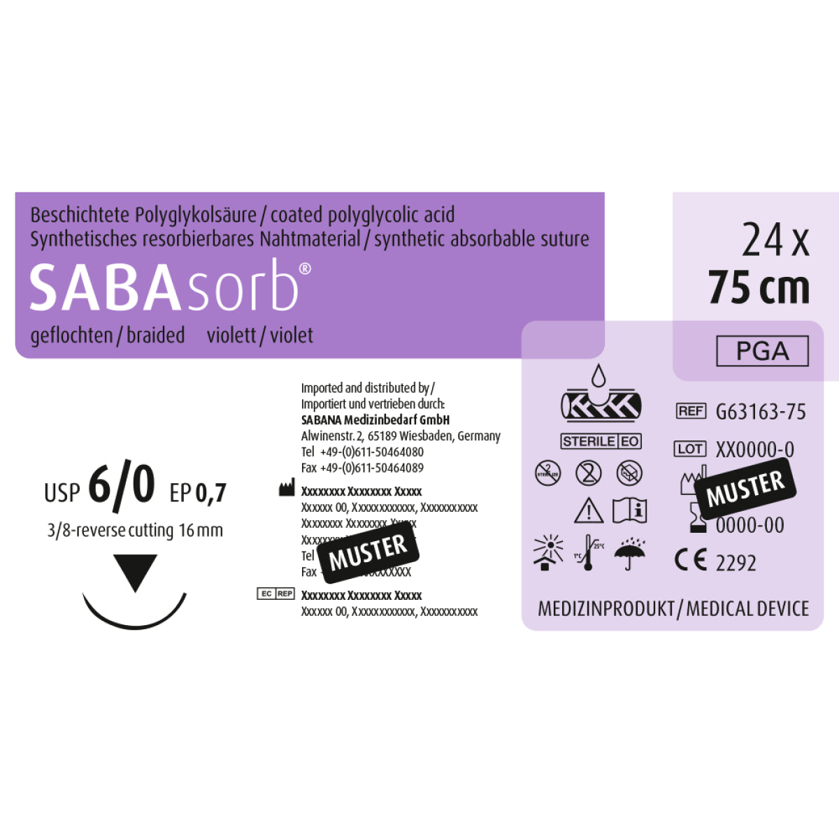 Beschichtetes SABAsorb Nahtmaterial aus Polyglykolsäure, Größe 6-0, 75 cm Länge.