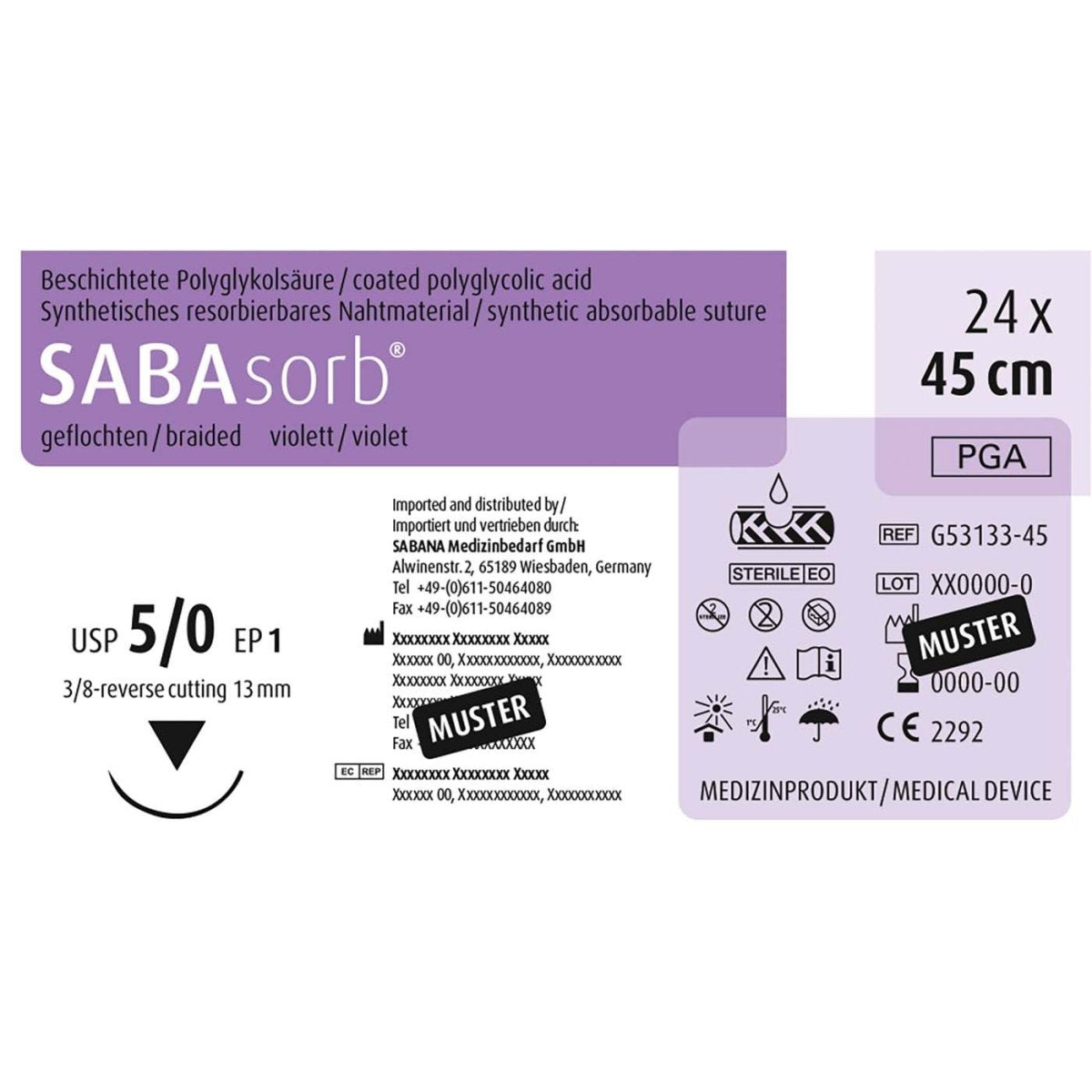 Beschichtetes SABAsorb Nahtmaterial, Größe 5-0, 45 cm, violett, sterile Verpackung.