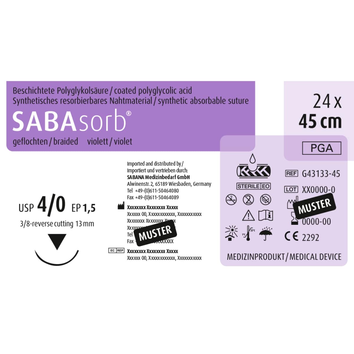 Beschichtetes SABAsorb Nahtmaterial, violett, Größe 4-0, 45 cm, sterile Verpackung.