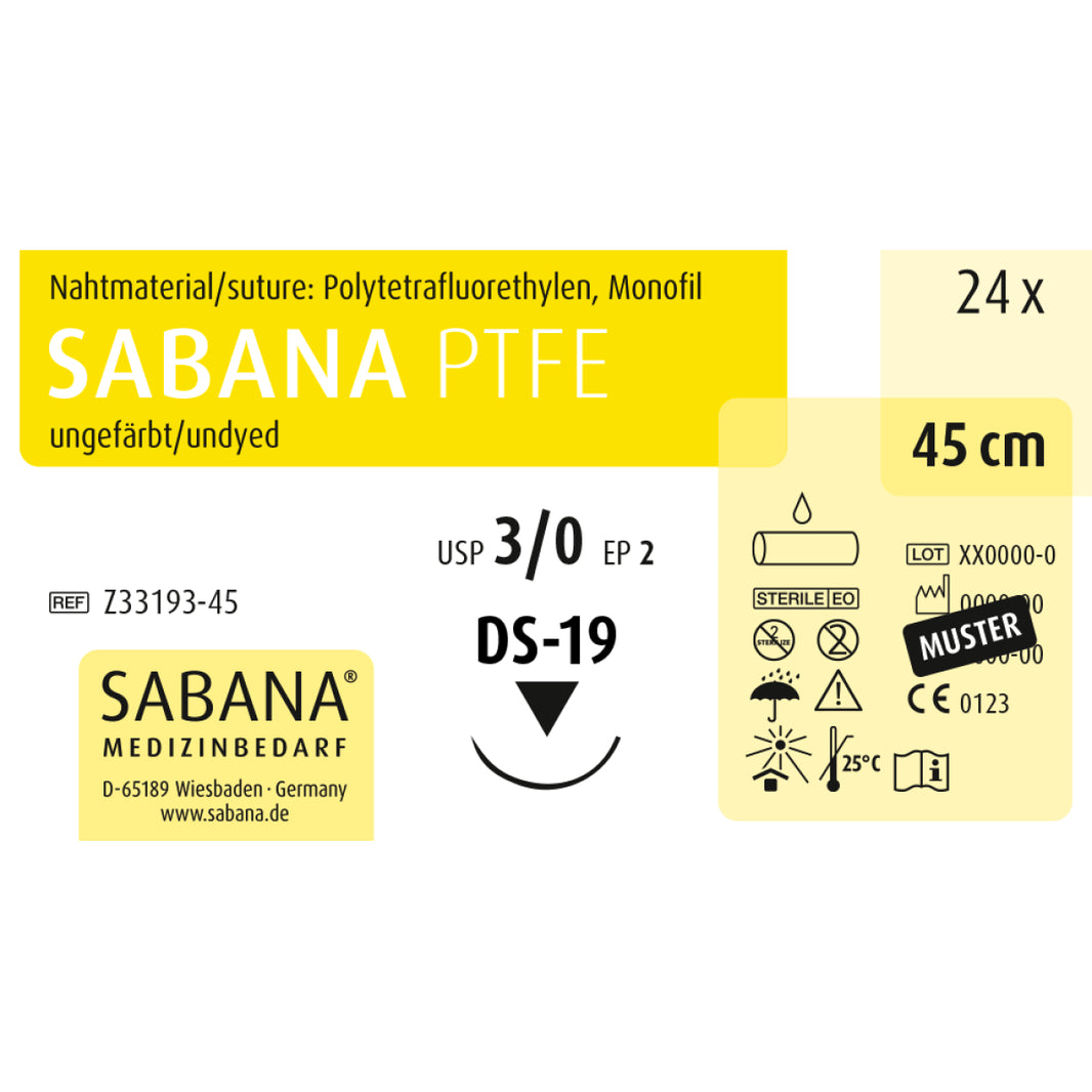 SABANA PTFE Nahtmaterial-Packung mit Produktdetails und Symbolen.