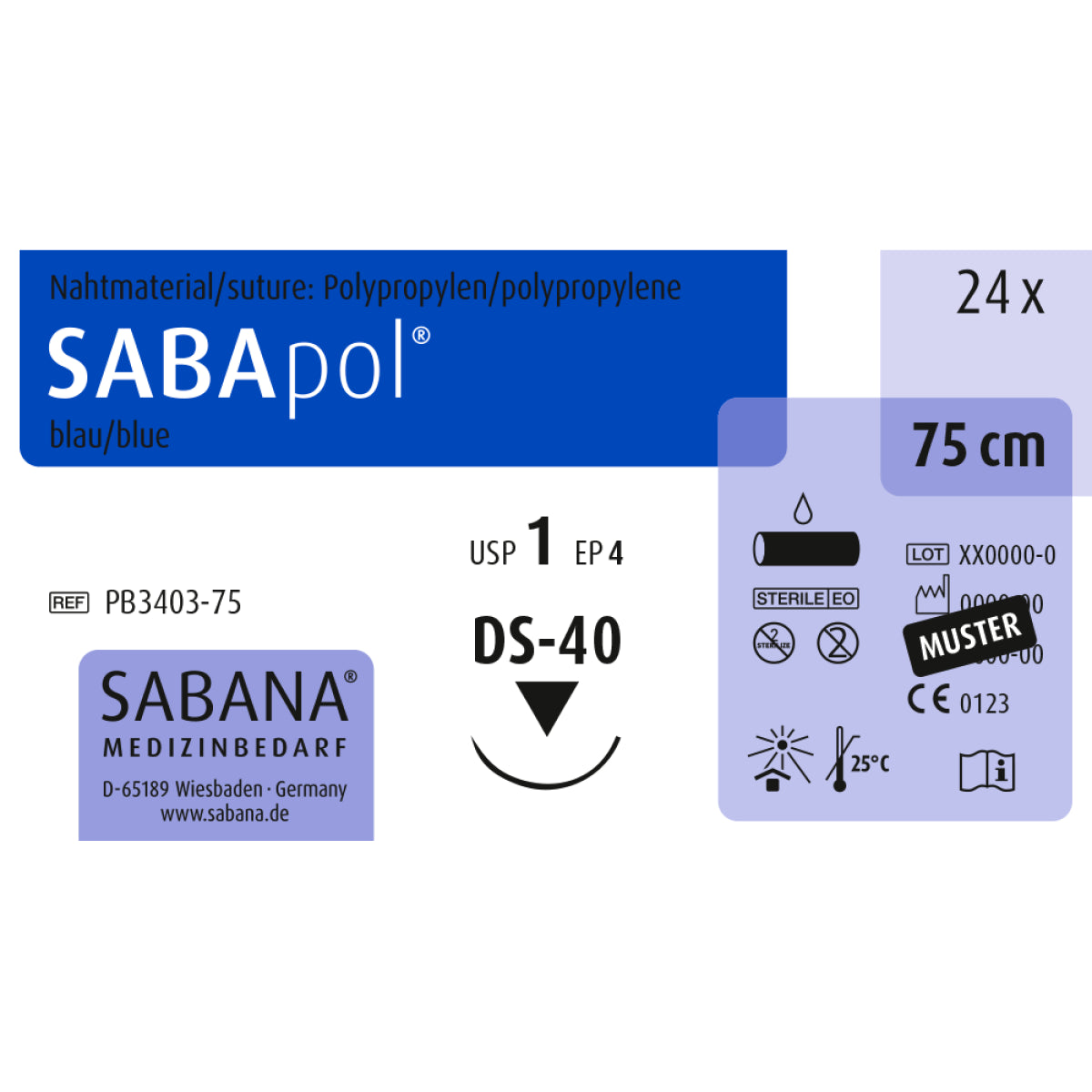 SABApol Nahtmaterialverpackung mit blauer Farbkennzeichnung und technischen Details.