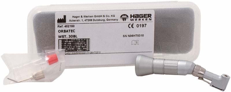 Orbatec® Winkelstück 30BL mit Verpackung und Zubehörteilen.