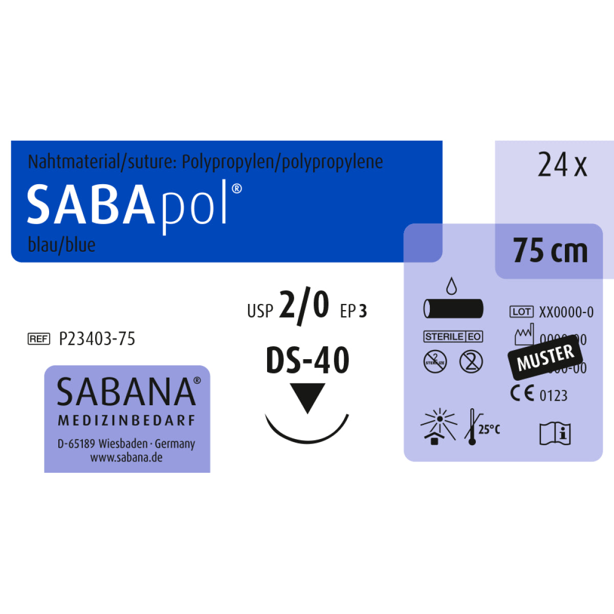 SABApol Nahtmaterialverpackung mit Größenangabe 2-0 und blauer Farbkennzeichnung.