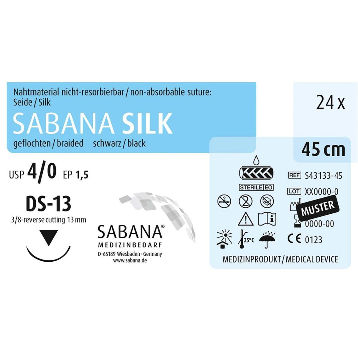 Nahtmaterial-Verpackung SABANA SILK, 4-0 DS-13, 45 cm, schwarz, 24 Stück.