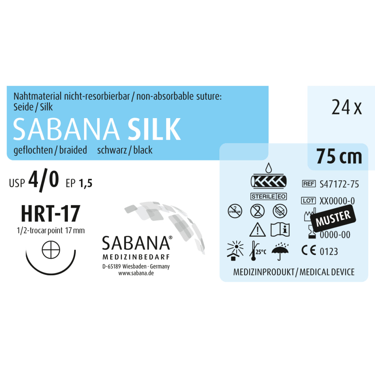 Nahtmaterial-Verpackung SABANA SILK, 4-0 HRT-17, 75 cm, schwarz, 24 Stück.