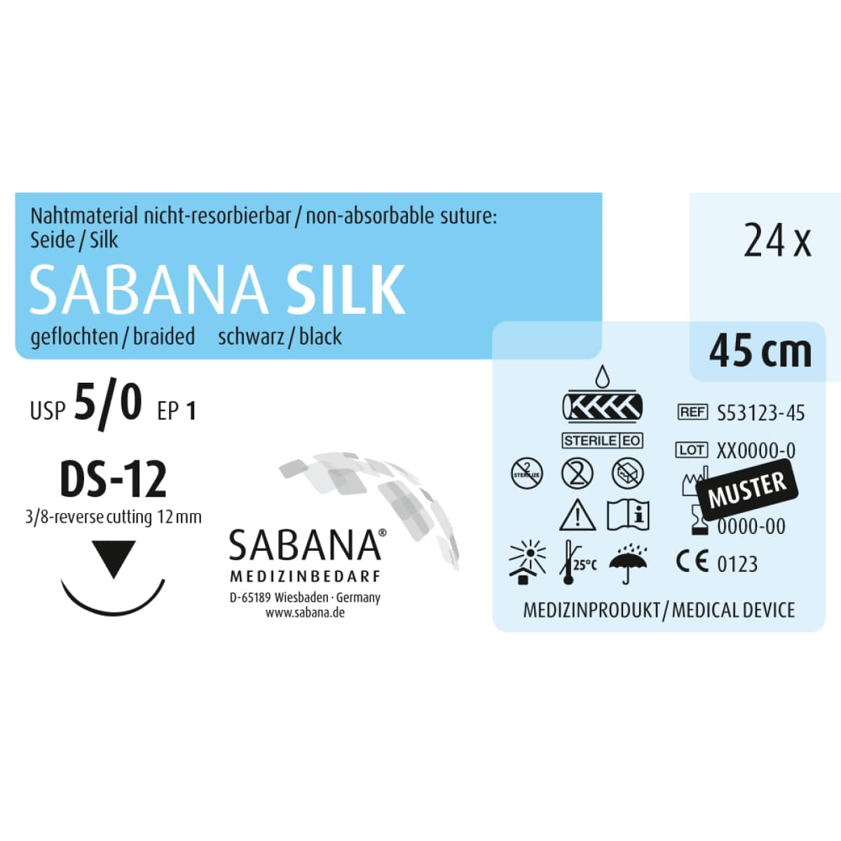 Nahtmaterial-Verpackung SABANA SILK, 5-0 DS-12, 45 cm, schwarz, 24 Stück.