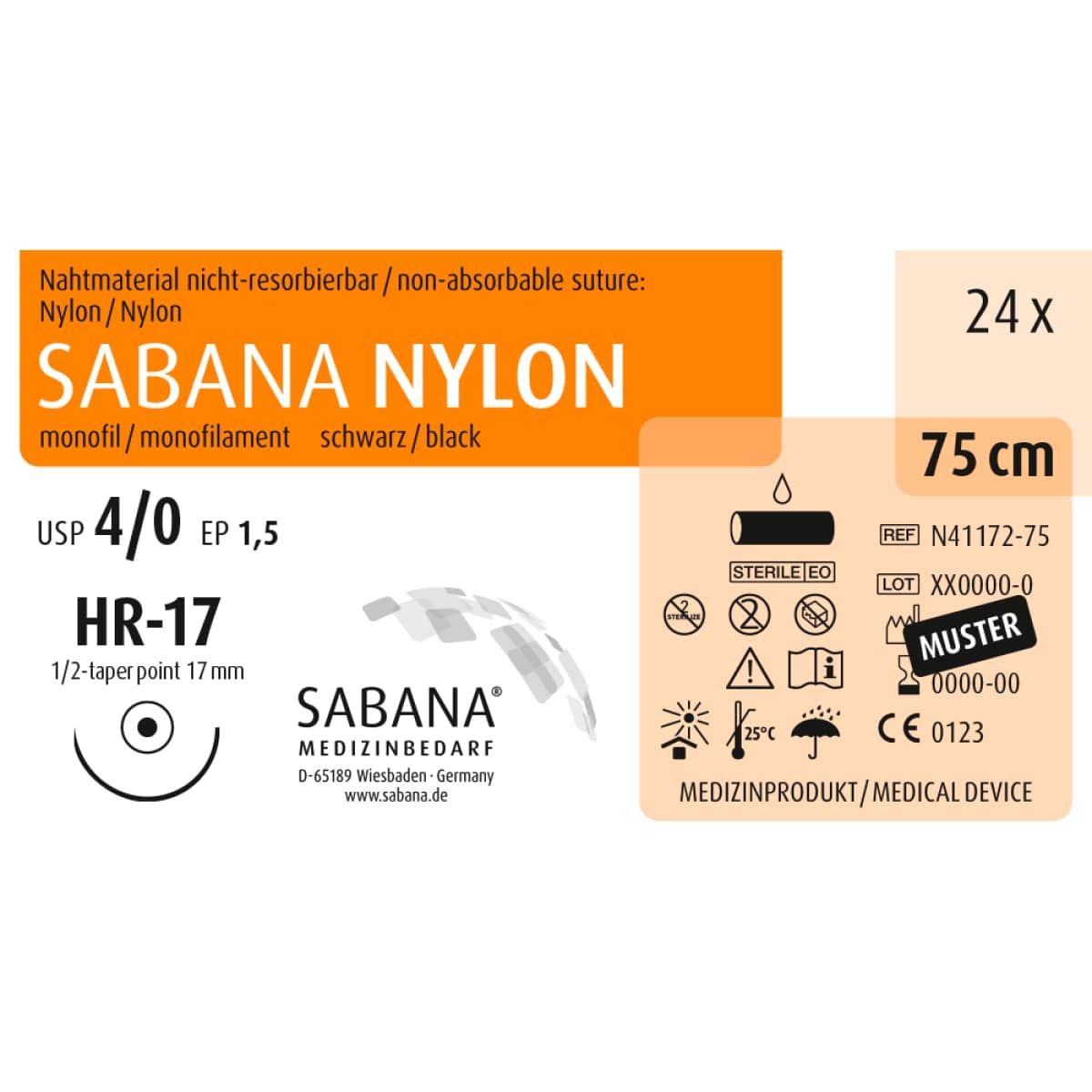 Nahtmaterial SABANA NYLON 4-0 HR-17, 75cm, nicht-resorbierbar, 24 Stück.