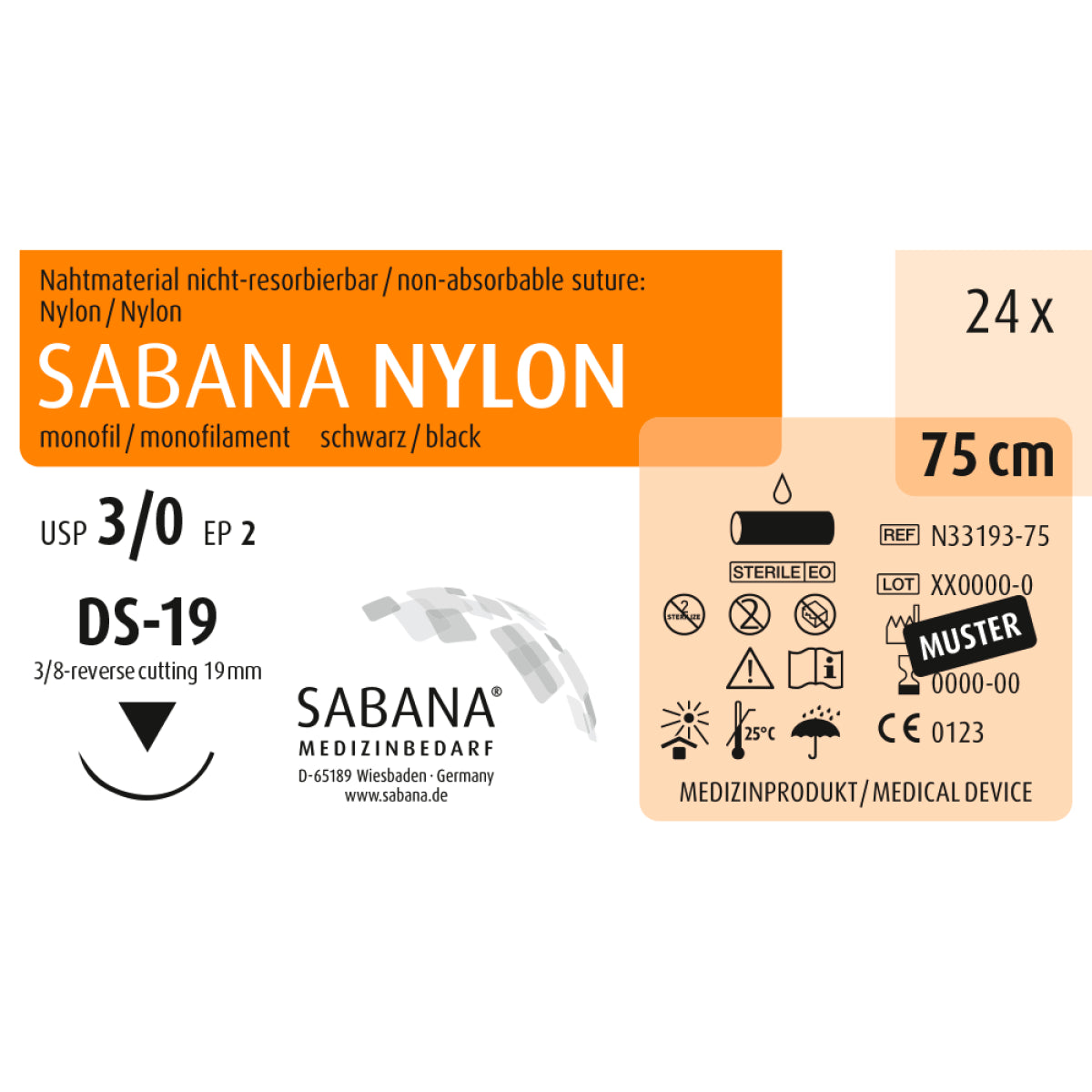 Nahtmaterial SABANA NYLON 3-0 DS-19, 75cm, nicht-resorbierbar, 24 Stück.