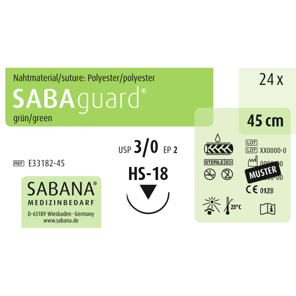 SABAguard Nahtmaterial Verpackung, 3-0 HS-18, 45 cm, grün, 24 Stück.