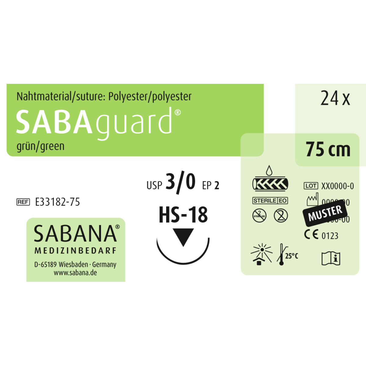 Nahtmaterial SABAguard 3-0 HS-18, 75 cm, grün, 24 Stück, Verpackungsdetails.