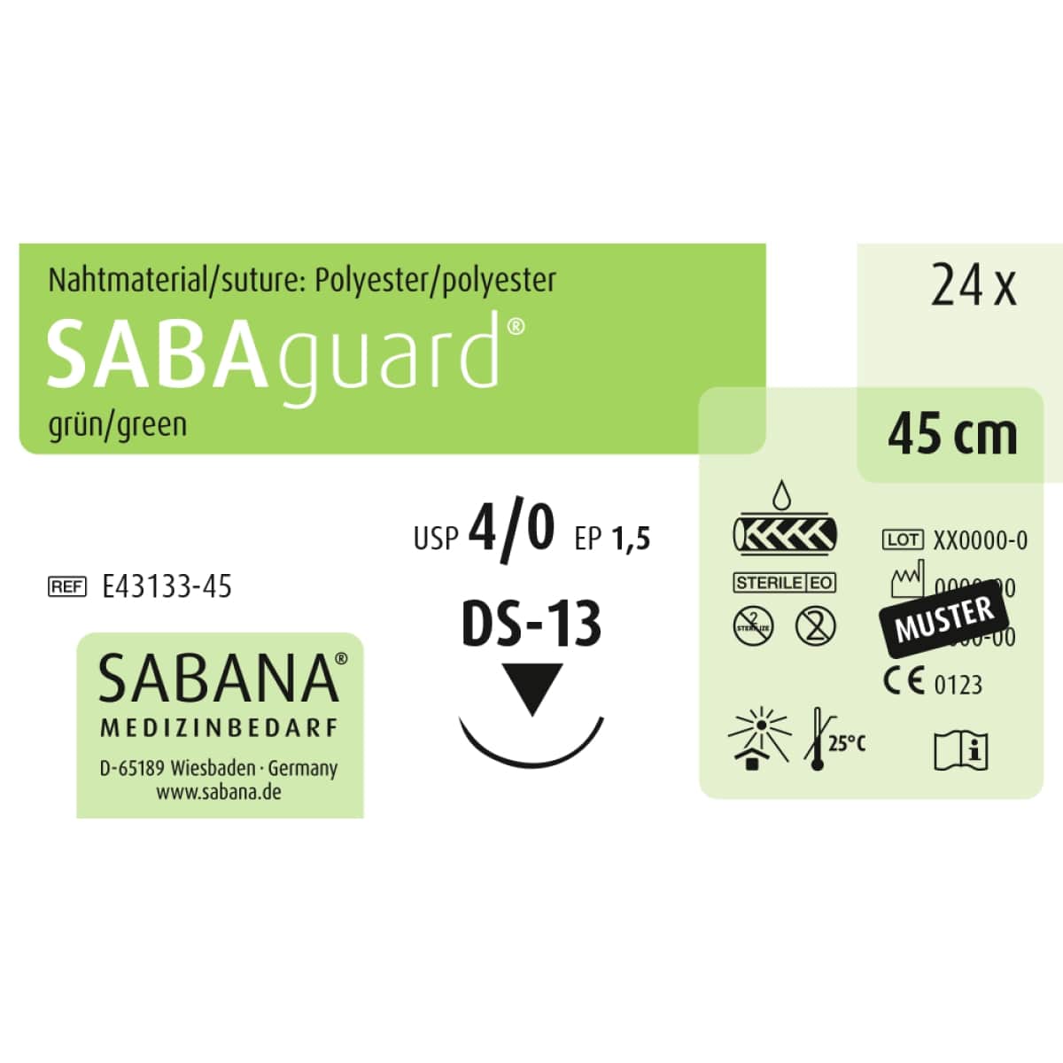 Nahtmaterial SABAguard 4-0 DS-13, 45 cm, grün, Verpackungsansicht.