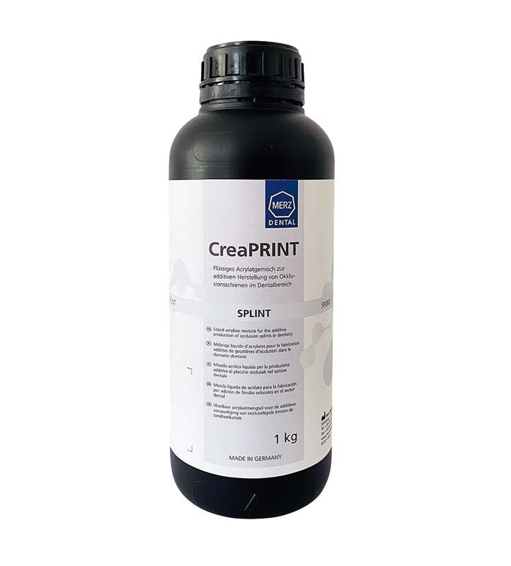Flasche mit 1 kg CreaPRINT Splint, klar für dentalen 3D-Druck.