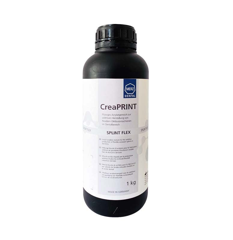 CreaPRINT Splint flex klare Flüssigkeit in schwarzer 1kg-Flasche mit Etikett.