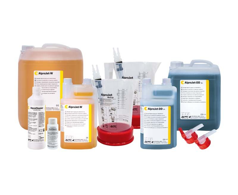 AlproJet-DD Starterpaket mit Reinigungsmitteln und Zubehör für Zahnarztpraxis.