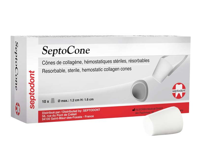 SeptoCone Kollagenkegel für hämostatische Anwendung in zahnmedizinischer Verpackung.