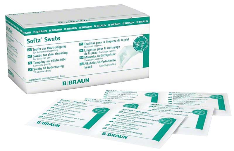 Softa® Swabs Alkoholtupfer in Spenderbox mit einzeln verpackten Tupfern.