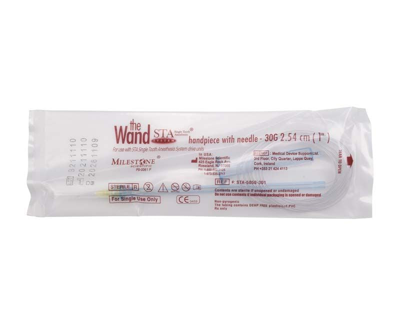 Verpackung des blauen The Wand™ STA Handstücks mit 27G Kanüle.