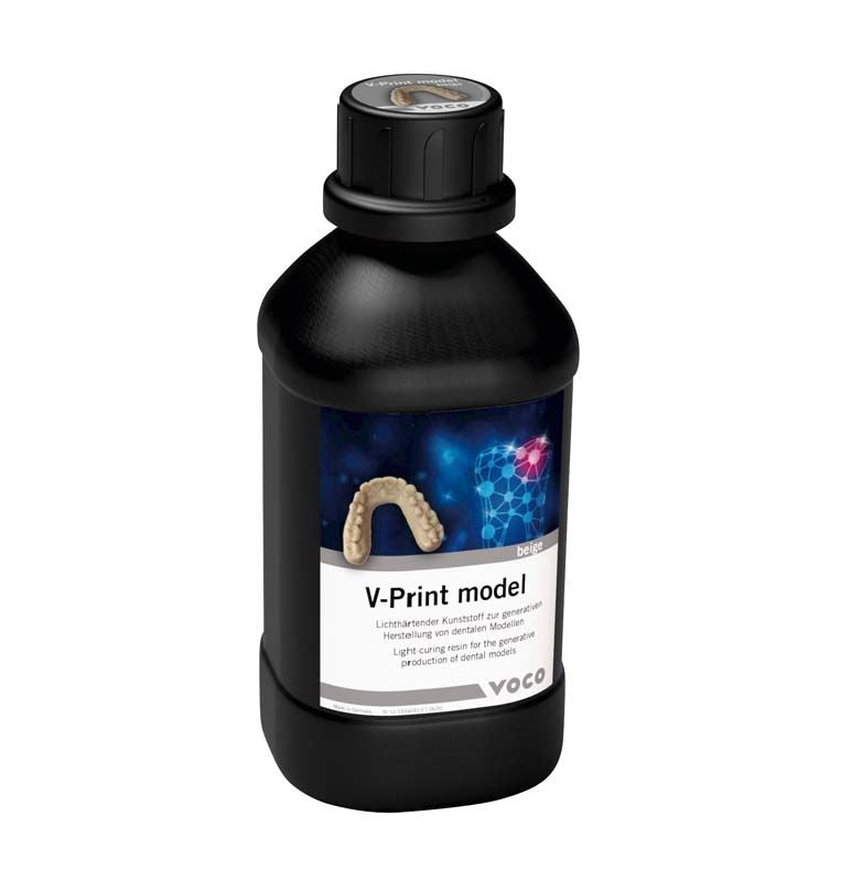 Schwarze Flasche V-Print model 2.0 beige für dentalen 3D-Druck.