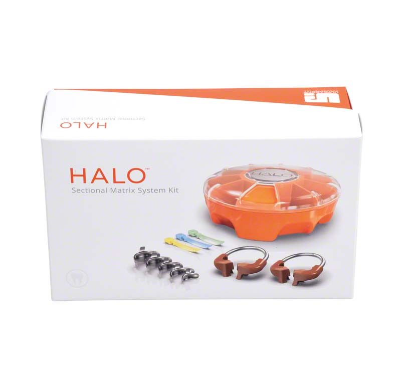 Halo™ Sectional Matrizensystem Kit mit Bändern und Ringen auf Verpackung.