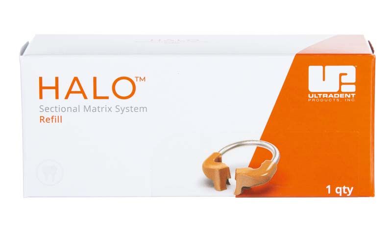 Halo™ Universal Matrizenring-Verpackung mit Produktabbildung und Logo.