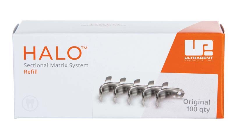 Verpackung von Halo Original Teilmatrizenbändern, 4,5mm, 100 Stück.