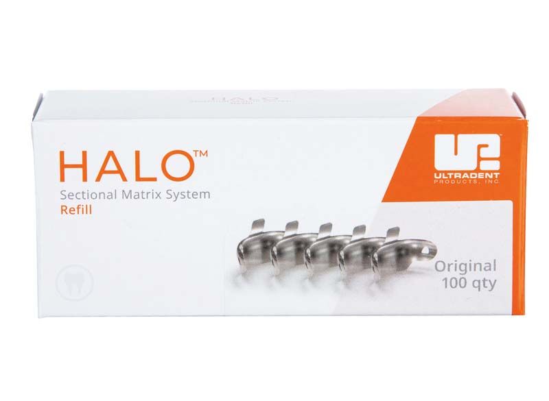 Halo™ Original Teilmatrizenbänder, Verpackung mit 100 Stück, auf weißem Hintergrund.