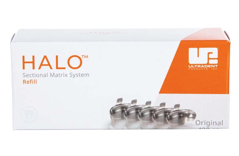 Halo™ Original Teilmatrizenbänder 7,5mm Verpackung mit Produktabbildung.