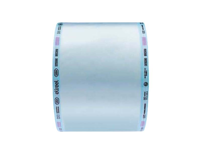 Sterilisationsrolle EliReel 30cm x 200m mit Indikatorstreifen und Markenaufdruck.