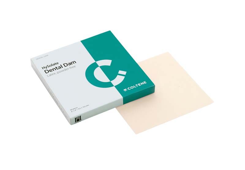 HySolate Latex Dental Dam, 152x152mm, mit geöffneter Verpackung und Produkt sichtbar.