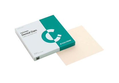 HySolate Latex Dental Dam, hell extra-stark, neben Verpackung in Grün und Weiß.