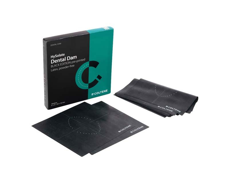 HySolate Latex Dental Dam in Schwarz, ausgelegt neben geöffneter Verpackung.