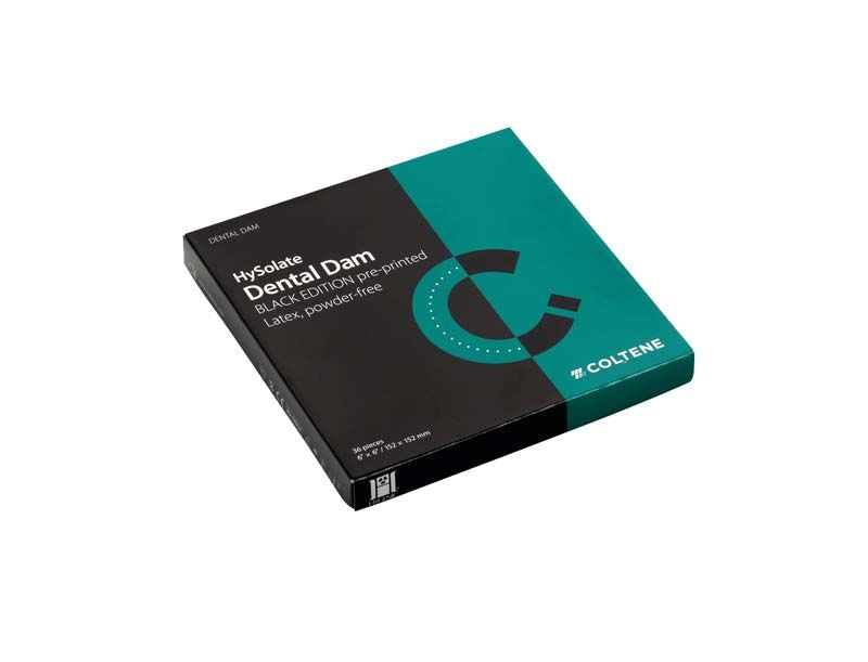 HySolate Dental Dam Verpackung in Dunkelgrün und Schwarz mit Produktdetails.