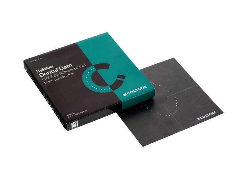 HySolate Latex Dental Dam, dunkel gedruckt, extra-stark, ausgelegt neben Verpackung.