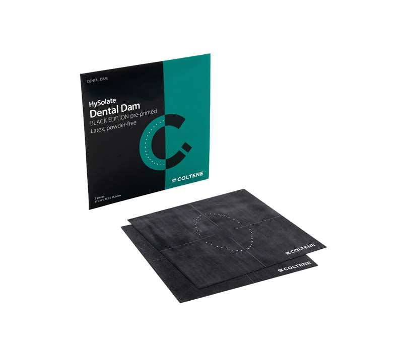 HySolate Latex Dental Dam dunkel gedruckt, mittel, 152x152mm Verpackung.
