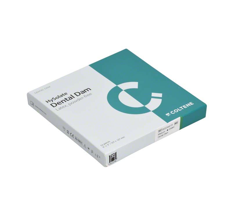 HySolate Dental Dam Verpackung in grün-weißer Farbe mit Produktinformationen.