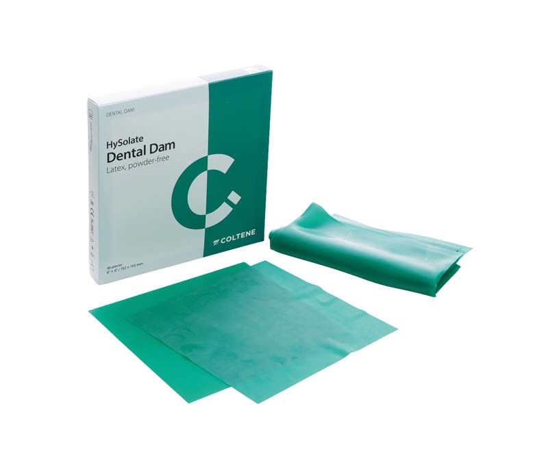 HySolate Latex Dental Dam grün extra-stark mit Verpackung und entfalteter Folie.