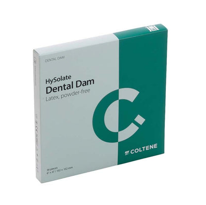 HySolate Dental Dam Verpackung in Grün mit Produktdetails und Logo.