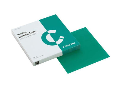 HySolate Latex Dental Dam grün extra-stark neben geöffneter Verpackung.