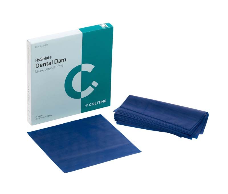 HySolate Dental Dam blau stark 152x152mm, 36 Stück, neben Verpackung.