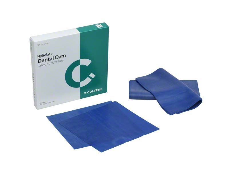HySolate Latex Dental Dam in Blau mit Verpackung.