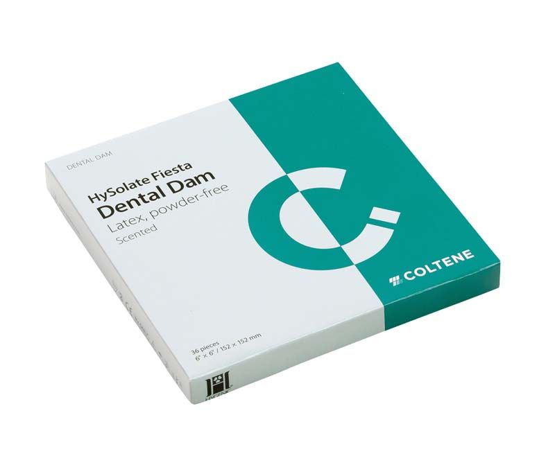 Verpackung der HySolate Fiesta Latex Dental Dam mit Firmenlogo.