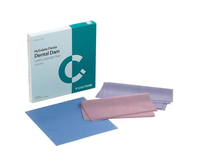HySolate Fiesta Latex Dental Dam in Blau und Lila neben Verpackung.