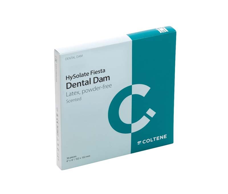HySolate Fiesta Dental Dam Verpackung mit Firmenlogo und Produktspezifikationen.