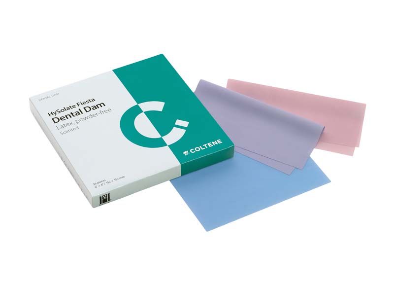 HySolate Fiesta Latex Dental Dam sortiert, farbige Blätter neben Verpackung.