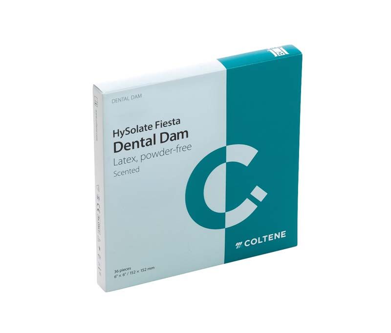 HySolate Fiesta Latex Dental Dam Verpackung in türkis-weißer Farbe mit Markenlogo.