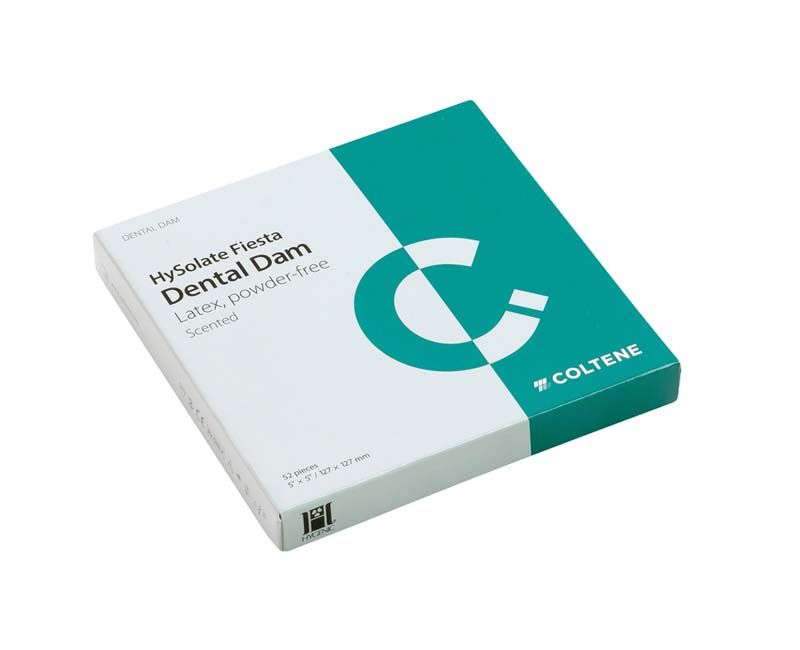 HySolate Fiesta Latex Dental Dam Verpackung mit grünem und weißem Design.